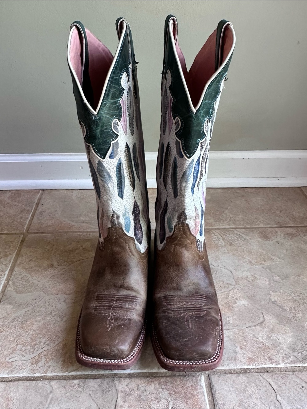 Ariat Fonda Western Boots Feather Print Brown Leather Square Toe - Picture 6 of 10